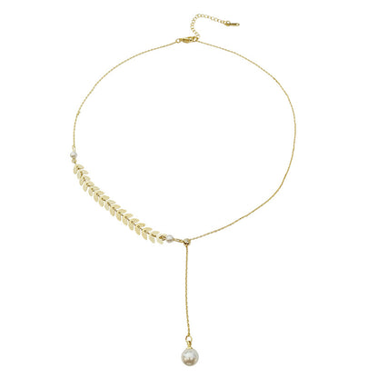 Minimalist Pearl Choker with Leaf Pendant Necklace